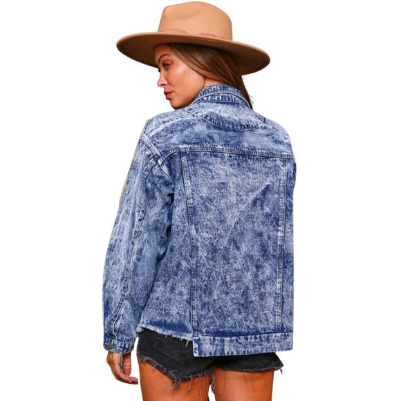 Fantastic Fawn Blue Jean Jacket Relaxed Fit Distressed Denim Jacket  IFJ10544 - Picture 3 of 9